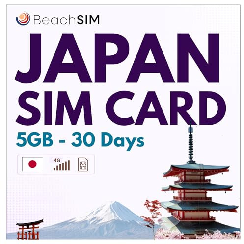 BeachSIM Japan SIM Card. 5GB data i 4G/5G-hastigheter. Endast SIM-kort för förbetald data. Snabb aktivering. Enkel laddning. Fungerar på iOS- och Android-enheter. Gäller i 30 dagar.