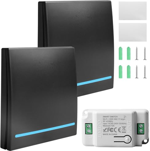 Juego de 2 interruptores de luz de 230 V, interruptor de luz de radio Wi-Fi + RF 433 MHz con receptor, interruptor inalámbrico, alcance de 30 m, transmisor de radio, 2 interruptores y 1 receptor