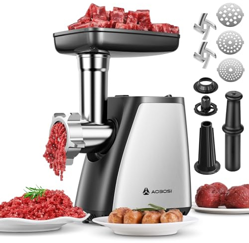 AAOBOSI Fleischwolf, 3-in-1 Elektrischer Fleischwolf [2800 W max] mit 2 Klingen, 3 Platten, Wurstfüller, Kubbe-Kit, für den Hausgebrauch, Edelstahl
