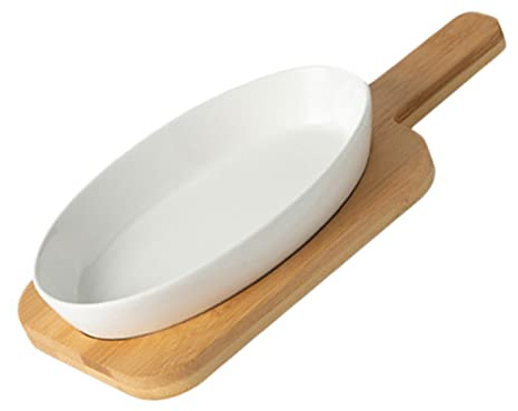 ROMISBABA Bandeja para Horno de Ovalada Blanca con Soporte de Madera Antiadherente Apta para Microondas y Lavavajillas para Arroz Gratinado y Platos Occidentales
