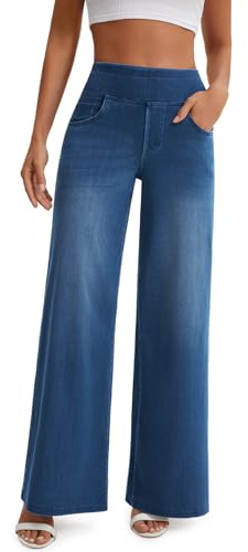 JEAVIA Women's Wide Leg Jeans High Waisted Pull On Baggy Jeans Stretchy Elastic Waist Sweatpant Trendy Loose Denim Pants Blue