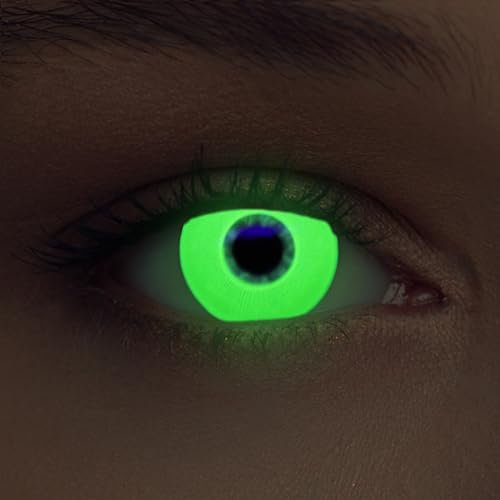 DESIGNLENSES, lenti a contatto colorate per costume di Halloween,bagliore/luminoso lenti, senza gradazione, 1 paio (2 pz) + custodia per lenti Glowing (Verde, 14.00, 0.00)