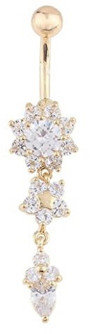 BeeSpring Women's Crystal Ring Body Dangle Barbell Bar Belly Button Ring (Gold, 2 Inches)
