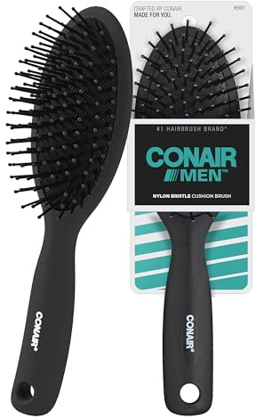 CONAIR Men Hair Brush, Men’s Detangler Brush for Everyday Brushing and All Hair Types, Flexible Cushion Base with Ball-Tipped Bristles Won’t Snag or Pull, Black