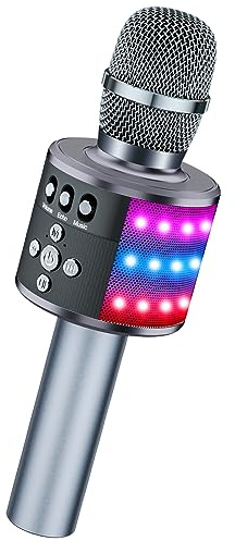 BONAOK Karaoke Microphone for Kids & Adults - Bluetooth Microphones Singing Mic with Disco Lights, Echo Effect, Built-in Speaker Portable Karaoke Player for Party Travel Gifts Q78(Space Gary)