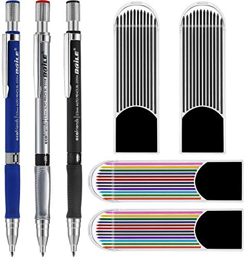 3 st 2,0 mm mekaniska pennor med blypåfyllningar i 4 lådor, färg- och svarta påfyllningar för ritning, skrivande, tillverkning, skissning, snickare.