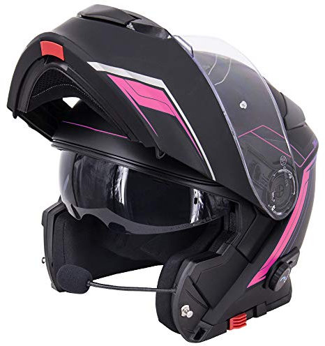 Zorax Matt Black/Pink XS (53-54cm) Anti-fog Double Visor Flip up Motorbike Helmet fitted with Blinc Bluetooth System Motorcycle Dual-Speaker Headset,Noise-Free,Automatic Answering