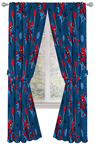 Jay Franco Kids Window Drapes - 4 Piece Curtain Set Includes 2 Tiebacks, Beautiful Bedding Room Décor and Easy Set Up, Blue - Spiderman, 84 Inch