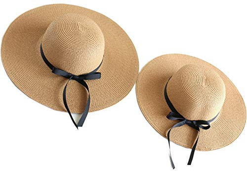 Julerwoo 2PCS Parent-Child Straw Hat Wave Bim Girls Women's Bowknot Beach Sun Hat (Brown)