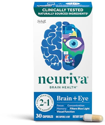 NEURIVA Brain + Eye Supplement for Memory, Focus & Concentration with Lutein & Vitamins A C E and Zinc for Eye Health & Zeaxanthin to Filter Blue Light, 30ct Capsules