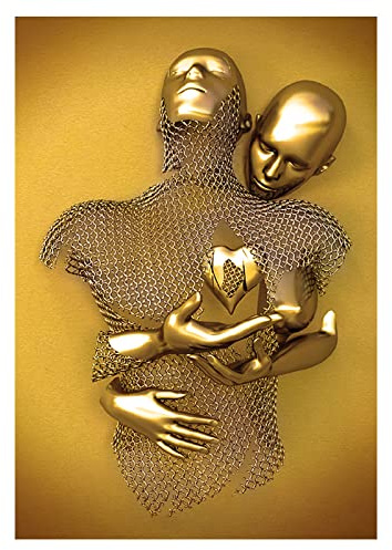 oiakus Figure Statue 3d Effect Wall Art, Gold/Gray Abstract Steel Wire Metal Figure Sculpture Couple Embrace Hanging Painting, Inkjet Canvas Painting Core, Modern Wall Art For Home Decor
