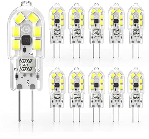 Cxyemt - Bombillas LED G4 2 W, equivalente a 20 W, halógeno, luz blanca fría, 6000 K, AC/DC 12 V, lámpara de ahorro de energía, no regulable, sin parpadeo, paquete de 10