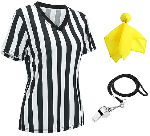Redgino Maglia ufficiale da arbitro a righe bianche e nere da donna, classica maglia da arbitro, manica corta, attrezzatura, fischietto da arbitro, bandiera gialla per penalità, XL