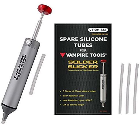 Vampire Tools Solder Sucker Desoldering Pump + 4 Spare Silicone Tubes. Made in Japan. Heat Resistant Silicone Nozzle (max. 350℃). Non Clogging, High-Power Suction.