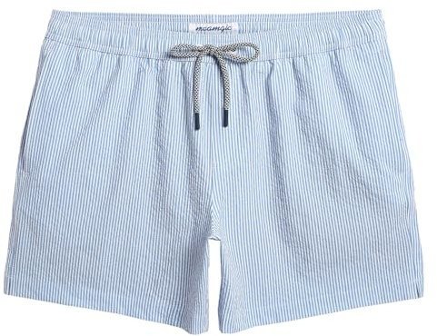 maamgic Men's Swim Trunks 5.5 inch Seersucker Beach Shorts Quick Dry Bathing Suits with Mesh Liner Blue Stripe Large