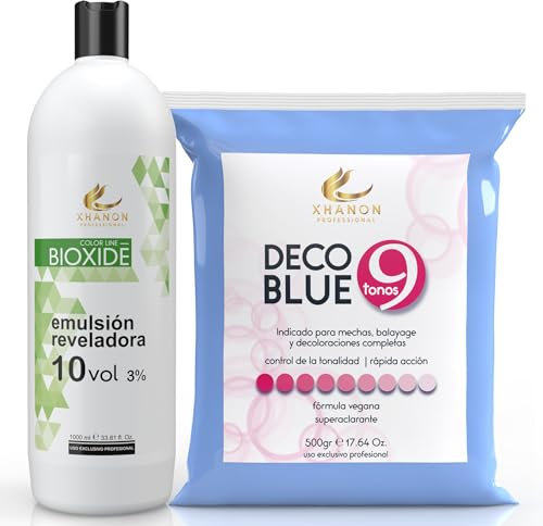 Pack Oxigenada en Crema 1000ml 10 Vol + Polvos Decolorantes de Cabello Azul 9 tonos 500gr | Fórmula Vegana | Superaclarante | Xhanon Professional