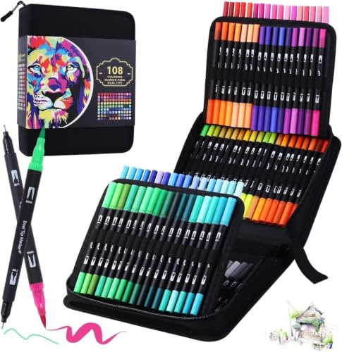 BEMAYSZ 108 Colours Dual Tip Colouring Brush Felt Tip Pens, Pens for Adult Adults Colouring Books Calligraphy Drawing Painting Sketching Highlighting Dual Brush Marker Pens