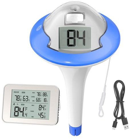 BALDR Pool Thermometer, Wireless Rechargeable Floating Easy Read with Indoor Receiver, Dual Digital Screens, Big Numbers (Dark Blue)