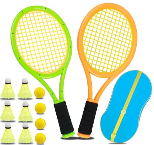 Nileatry Kinder-Tennisset, Das SchläGerset Beinhaltet 2 KinderschläGer, 4 SchwammbäLle, 6 BadmintonschläGer Und Einen Tragbaren Rucksack, Geeignet FüR Kinder Im Alter Von 3–15.(Orange und Grün)