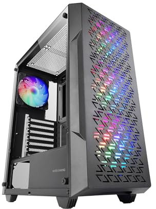 MARSGAMING MC-GEO, Case Gaming ATX, 4x Ventole FRGB Rainbow 12cm, Pannello Frontale Mesh Geometrico, Finestra Laterale Vetro Temperato, Semitorre Doppia Camera, Supporto Raffreddamento Liquido, Nero