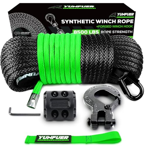 YUNFUER Synthetic Winch Rope Cable Kit, 3/16 x 50ft 8500LBS Black Winch Rope with Protective Sleeve, Forged Winch Hook, Rubber Stopper and Safety Pull Strap for ATV UTV