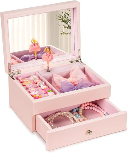 Emfogoo Joyero de 2 niveles para niña, joyero para niña, con bailarina que gira, joyero musical para niña de madera, para las niñas, Navidad, día de los niños, cumpleaños, Año Nuevo, regalo (rosa)