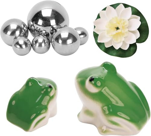 MURISE Lot de 2 mini décorations d'étang - Grenouille flottante en céramique - Avec boules flottantes argentées et lotus et feuilles - Pour mini étang, terrasse, bassin en zinc - Fontaine solaire
