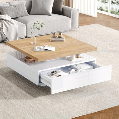 OCACA Multifunktionale quadratische 360° schwenkbare Kaffeeschublade, Hochglanz 2-stufiger mittig Tisch und Aufbewahrungsschrank, Nussbaum-Spanplattenrahmen Wohnzimmerbeistelltisch, weiß