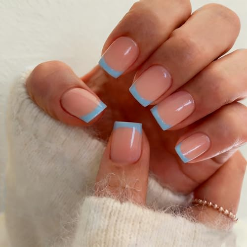 KQueenest 30 Pcs Baby Blue French Tip Press on Nails Short Square, French Tip False Nails Short Coffin, Custom Thick Acrylic Fake Nails Set Natural Nude Gel Stick on Nail for Women Daily Wear