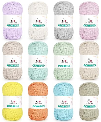 Aeelike Lot de 12 pelotes de fil en coton pour crochet et tricot – 100% coton (50 g chacun, 600 g au total) – Fil à tricoter en coton doux à 4 plis pour crochet, amigurumi, sacs, chaussettes