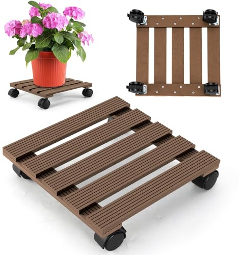 Hebitod Rullo per piante quadrato in WPC, 30 x 30 cm, robusto supporto per piante con ruote, resistente alle intemperie, portata fino a circa 80 kg, per vasi interni ed esterni, colore: marrone