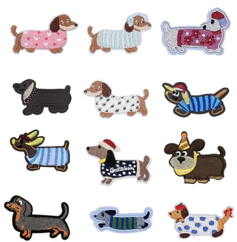 KAHZOR 12 Pezzi Toppe Termoadesive, Adesivi Ricamati con Cani Carini, Dackel, Toppe per Tessuti, Piccole Toppe per Stirare o Cucire, Per Giacche, Jeans, Abbigliamento, Cappelli, Zaini
