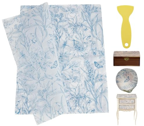 PLIGREAT 20 hojas de papel de decoupage grande azul para muebles, 50 × 70 cm, papel decorativo de flores vintage para decoupage, papel de regalo, manualidades, scrapbooking, renovación de muebles