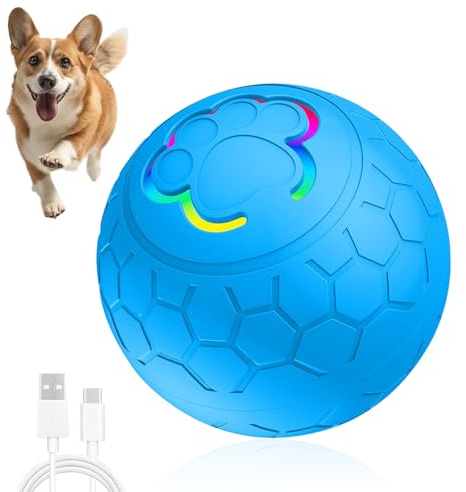 AOUZOVLI Pelota Interactiva Perro | Pelota para Perros Que Se Mueve Sola | Pelotas de Salto para Perros | Dos Modos de Movimiento Automático + Luz LED | Recargable por USB | 5,6 Cm de Diámetro | Azul
