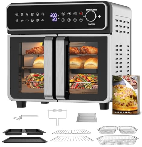 Emphsism Freidora de Aire 23L XXL - Mini Horno Eléctrico Zona Flexible, Doble Puerta Freidora Aire Temperatura Independiente 200°C, 12 en 1 Air Fryer Ventana Luz Interna & Recetas, para Familias