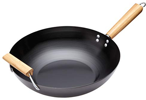 KitchenCraft World of Flavours Large Induction Safe Non Stick Wok with Wooden Handles, Carbon Steel, 35 cm