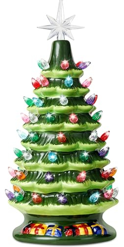 Joiedomi 15 Tabletop Prelit Ceramic Christmas Tree with 70 Multicolor Lights, Hand-Painted Ceramic Tabletop Christmas Tree with Extra Clear Top Star for Xmas Holiday Indoor Decorations