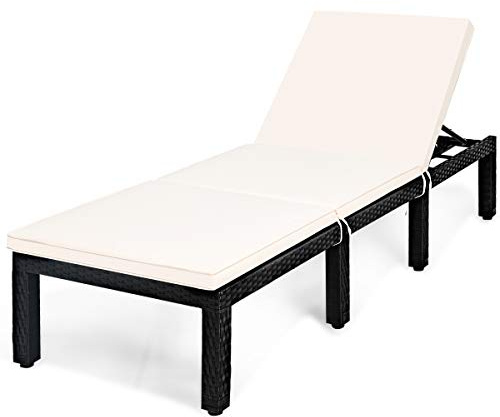 Tangkula Patio Wicker Chaise Lounge with Adjustable Backrest, Off White