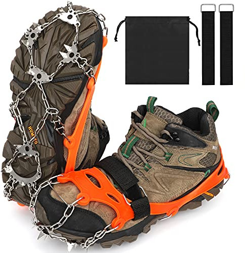 MILAIUN Grödel steigeisen für Bergschuhe mit 24 Zähne Verdickte Schuhkrallen aus Edelstahl Anti-Rutsch Schuhspikes für Mann Frau Erwachsene Kinder Fit für Wandern Running Trekking Winter Outdoor(XL)