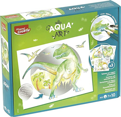 Maped Aqua'Art Dino 907058 Colouring Set Including 10 x Watercolour Pens and 3 x Templates on Metallic Boards Multi-Coloured