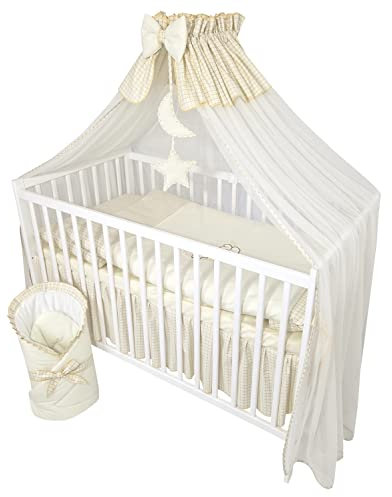 Bello24 - 13 Teiliges Babybett Kinderbett und Bettwäsche komplett Set Timmi inkl. Matratze höhenverstellbar für Neugeborene Babys und Kleinkinder aus Massivholz Bestickt (Teddybär Mond Hellbeige)