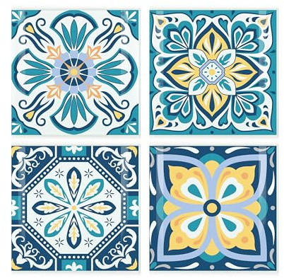 Greek Tile Coaster Set - Square Glass Mediterranean Design - Set of Four (4) Coasters