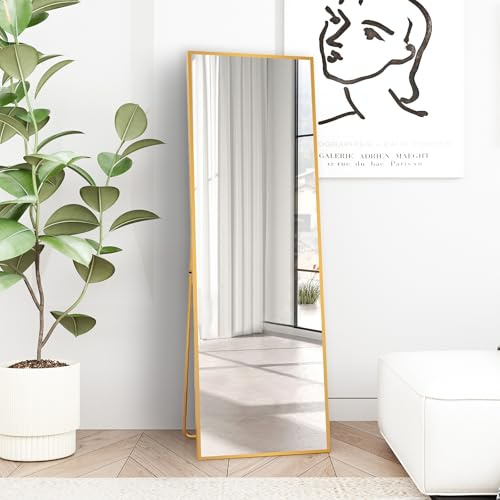 Beauty4U Miroir pleine longueur 150 x 40 cm, sur pied, suspendu ou appuyé, grand miroir de sol avec cadre en alliage d'aluminium doré pour salon ou chambre à coucher