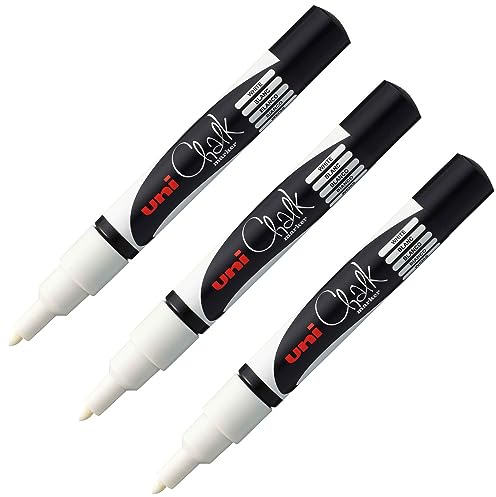 Faber-Castell uni-ball 205080 - Marqueur fenêtre & craie UNI CHALK PWE-3MS, 3 crayons de couleur blanche, pointe ogive 0,9-1,3 mm