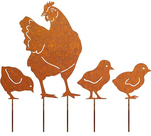 JYUECIAN Pollo Ruggine Decorazione da Giardino Uccelli in Metallo Arrugginito Spina da Giardino