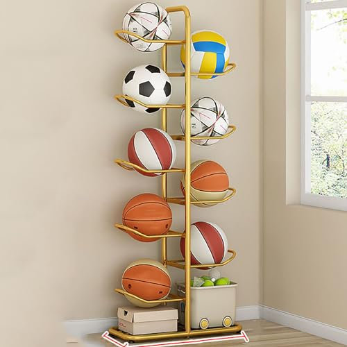 RVUEM Gold,A Style 146cm, Stehender Basketballhalter, Aufbewahrungsregal FüR Ballsport AusrüStung, Vertikaler BallstäNder, Metall Ballregale FüR Die Garage Im Innenbereich, Spielzeug Organisieren