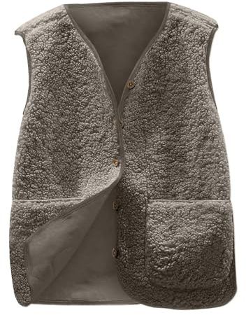 Joligiao Teddy Fleece Gilet for Women UK Sleeveless V-neck Button Down Vest Sherpa Fluffy Waistcoat Jacket Solid Color Lightweight Cozy Gilets Ladies Winter Soft Jacket with Pockets Khaki L