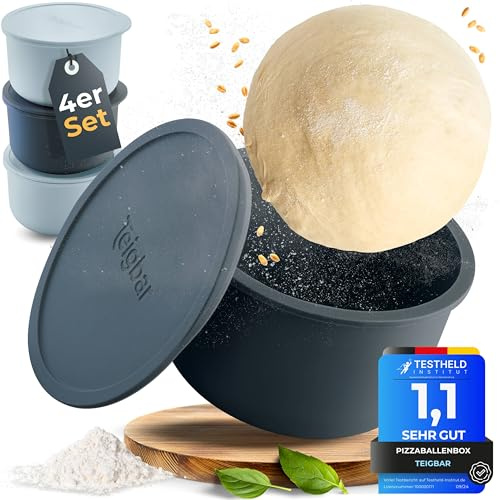Teigbar« Pizzaballenbox mit Deckel, 4er Set - platzsparende Teigbox aus löse-leichtem Silikon - bis zu 350g Pizzateig Box mit Deckel, Pizza Box - Schwarz/Grau - Ø13cm