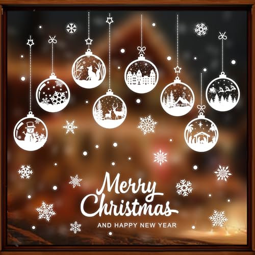 BETESSIN Pegatinas Ventanas de Navidad, 5 Hojas Pegatinas Bolas, Decorativa de Escaparate Cafetería Cristal Restaurante Tienda para Fiesta