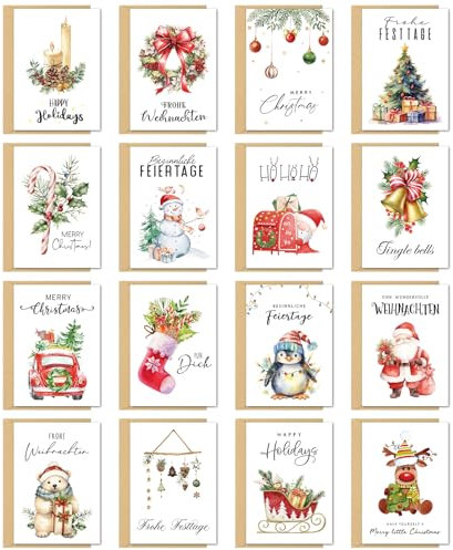BOFUNX 16 Stück Weihnachtskarten mit Umschlag Set Weihnachtspostkarten Grußkarten Frohe Weihnachten Karte Weihnachtsgrußkarten für Kinder Familie Freunde